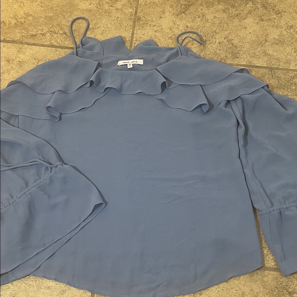 Naked Zebra Dusty Blue Cold-Shoulder Ruffle Top